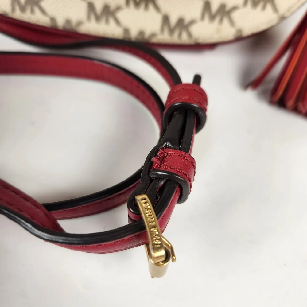 MICHAEL KORS Ginny Crossbody Bag Red Gold Chain Leather Signature Charm